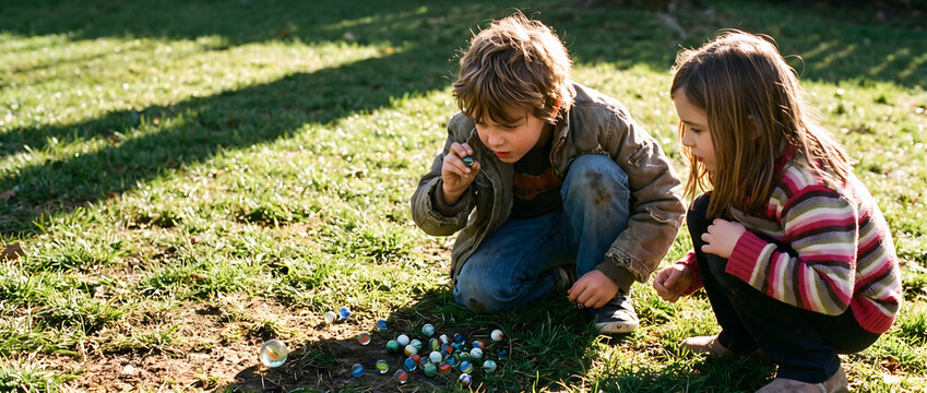 Two children crouch on sunlit grass, playing with colorful marbles during outdoor leisure time.