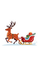 Fototapeta premium Reindeer Pulling Red Sleigh with Colorful Gift Boxes on Snow Vector Illustration