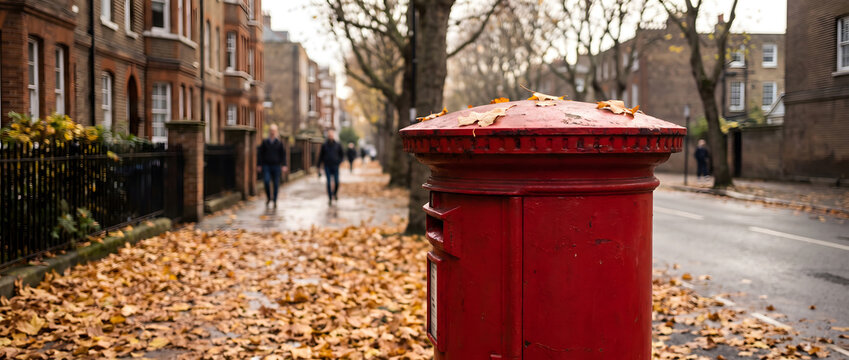 A classic red postbox stands on an autumn residential street covered in fallen leaves, with pedestrians walking nearby.