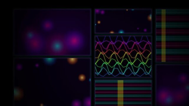 Futuristic digital dashboard with audio waveforms, glowing neon data visualization screen, abstract sci-fi interface background