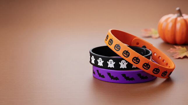 Halloween pet collars with ghost, pumpkin and bat patterns arranged on a warm autumn background, festive pet accessories with copy space for seasonal advertising, e-commerce, and promotions