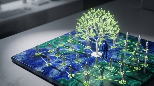 A glowing digital tree model connected to miniature human figures on a network grid