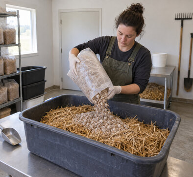 Grower adding grain spawn to straw substrate in a farm workroom