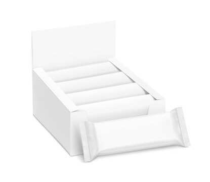 Blank flow packaging wrapper with open paperboard display box mockup set of design, presentation of bars, candies, waffles. 3D realistic vector illustration isolated on white background. EPS10.