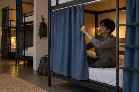 Hostel guest drawing a privacy curtain across a lower bunk