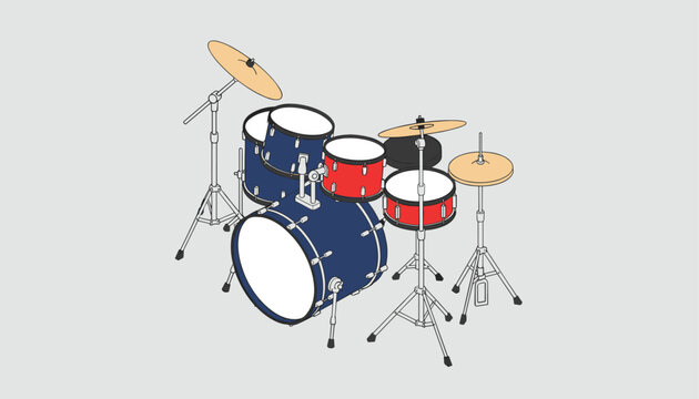 Drum set vector illustration isolated on white background with blue and red drums and cymbals