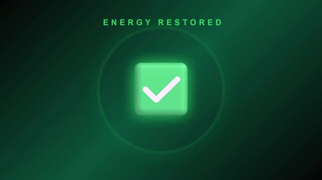 Glowing green checkmark button showing energy restored message