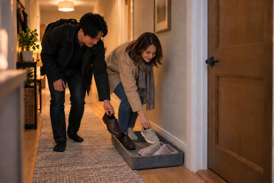 Two housemates placing shoes in a felt tray beside a closed door