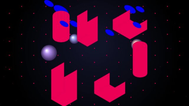 Abstract 3D geometric animation, floating pink blocks and blue spheres on dark background, modern motion graphics loop