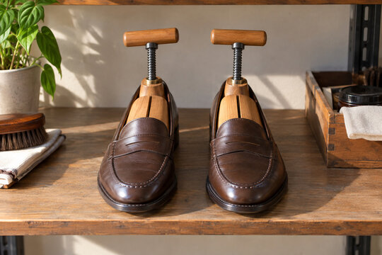Leather Loafers Held Open with Wooden Shoe Stretchers