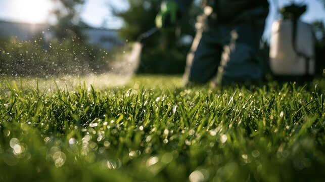 Mist sprays over vibrant green grass from a garden chemical treatment. This image illustrates professional lawn maintenance and pest management.