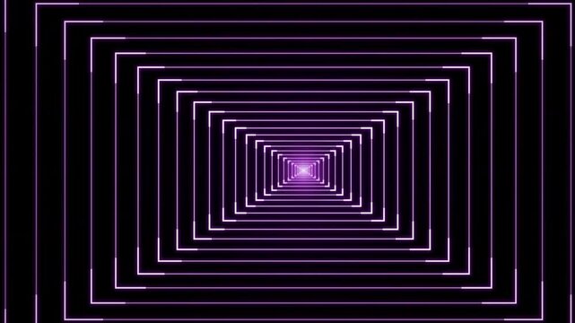 Futuristic neon tunnel with glowing purple lines, abstract geometric square corridor background, retro sci-fi motion graphic for music videos