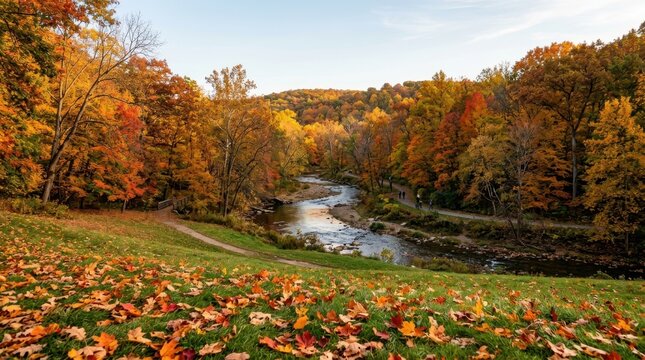 Beautiful autumn forest with colorful leaves and winding river, fallen leaves cover grassy meadow.