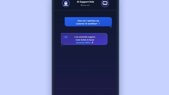 Digital interface of an AI support hub mobile application with chatbot assistance and messaging chat screen