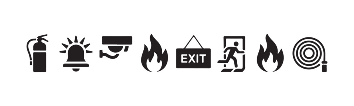 Set of fire safety equipment icons including extinguisher alarm camera fire exit running person hose.