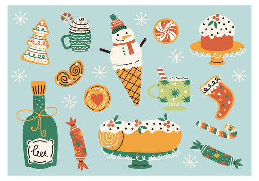 Christmas sweets and decorations set. Festive vector illustration with cake, cookies, candy, snowman, tree, champagne and hot drinks, perfect for winter design, wrapping, and Christmas decor.