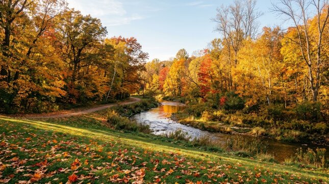 Scenic autumnal riverside landscape with golden forest foliage in bright daylight.