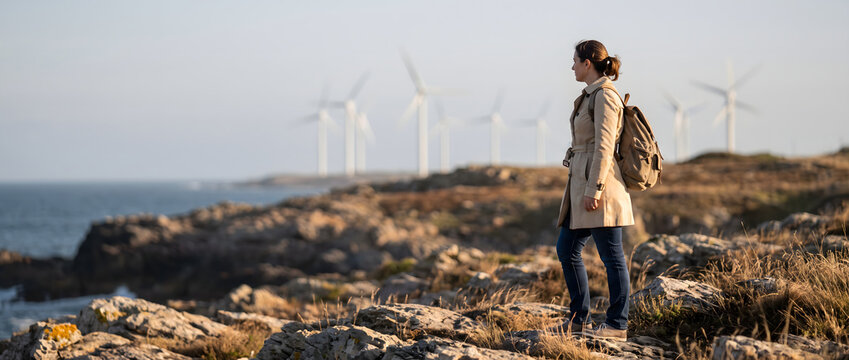 A female hiker stands on a rocky coastal area, overlooking wind turbines by the sea in daylight.