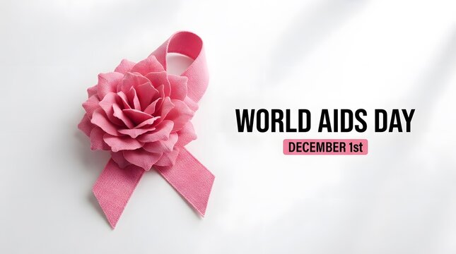 Pink ribbon symbolizing support for world aids day on a white background