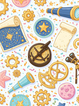 A vibrant pattern features vintage navigation tools including telescopes and star maps with golden gears and colorful celestial elements scattered on a white background.