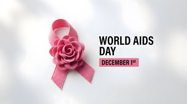 World aids day awareness ribbon with a delicate rose and text on a white background