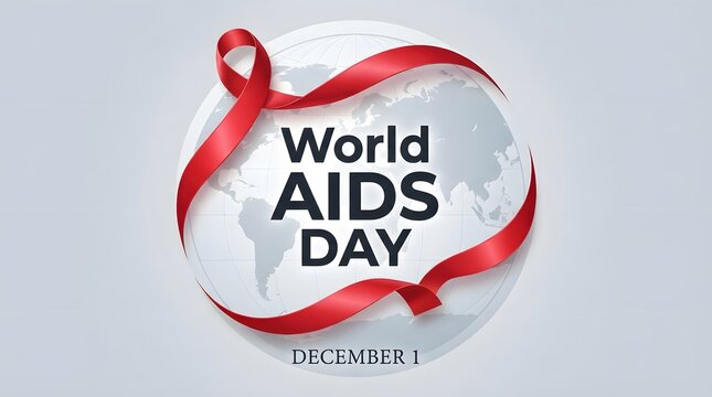 World aids day awareness ribbon with text on a light gray background
