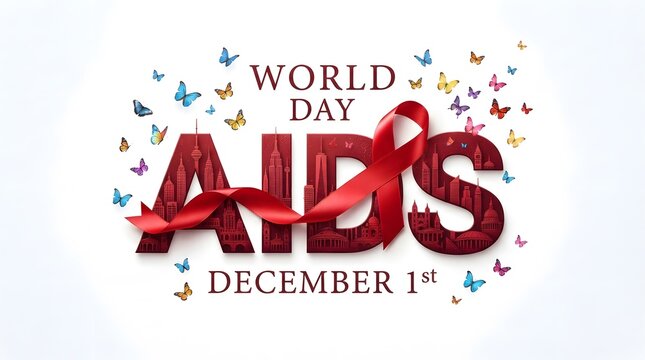 World aids day concept with bold red lettering and decorative star and ribbon elements