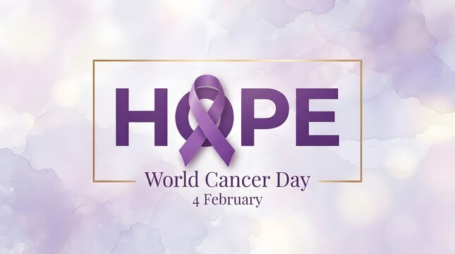 World cancer day concept with a purple ribbon and the word hope displayed prominently