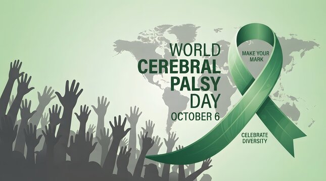 World cerebral palsy day awareness ribbon with raised hands and supportive background