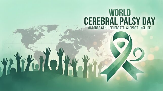World cerebral palsy day awareness ribbon with raised hands and world map background