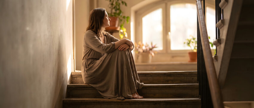 A woman in a long dress sits alone on an indoor staircase, looking toward a sunlit window with potted plants nearby.