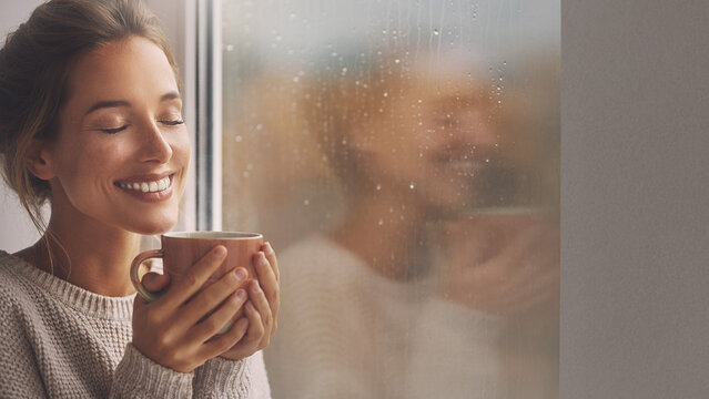 Relaxed woman smiling peacefully holding warm mug with blurred rainy autumn window background banner.