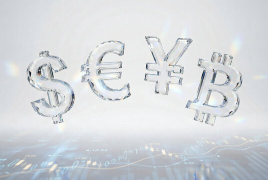 Crystal currency symbols (Dollar, Euro, Yen, Bitcoin), concept of global financial market