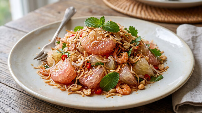 Hyper Realistic 9K Close Up Thai Yam Som O Pomelo Salad with Toasted Coconut and Peanuts Food Photography