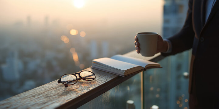 Businessman with Coffee Mug on Balcony Overlooking City Skyline at Golden Hour