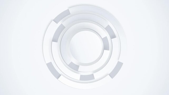 Futuristic white HUD interface element, abstract rotating circular tech rings, clean corporate motion graphics background