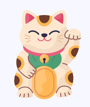 Lucky cat Maneki neko with raised paw, bell collar, and golden coin. Flat vector illustration