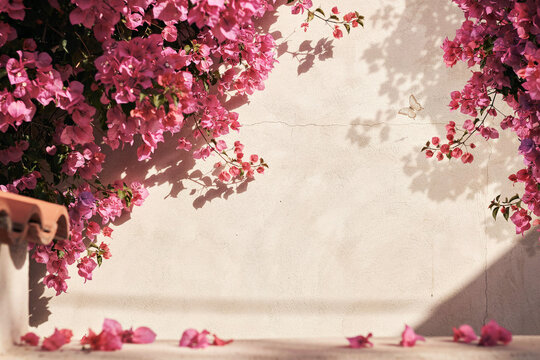 Vibrant pink bougainvillea flowers cascading down weathered Mediterranean adobe wall with sunlight and shadows