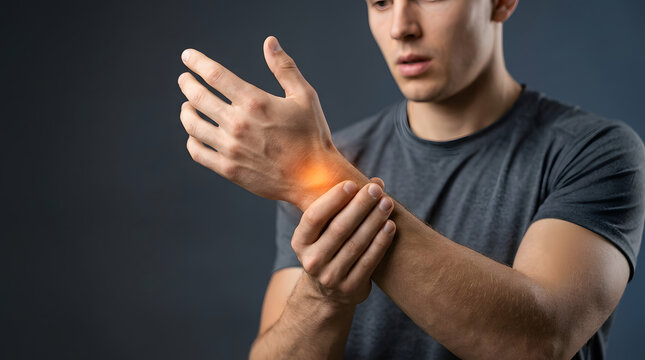 Wrist pain man, touching aching joint with glowing inflammation spot, wearing casual grey tshirt in close up view, isolated against a dark neutral studio background, for healthcare medical marketing