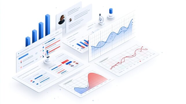 Isometric data visualization with charts and graphs in a clean modern office setting
