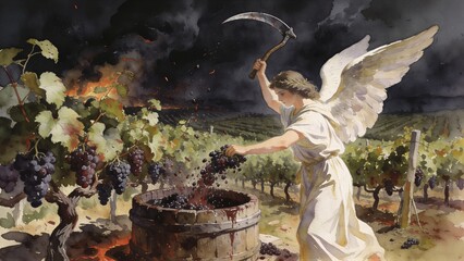 Fototapeta premium Angel with sickle harvesting grapes into wine vat in vineyard. Biblical apocalypse scene depicting Revelation harvest of earth. End time prophecy and divine judgment artistic illustration.