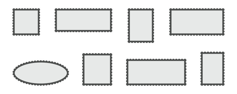 Black border line color filled postage stamp used in postal and mail related service. Wavy minimal post card in different shapes. Empty frame postage stamp.
