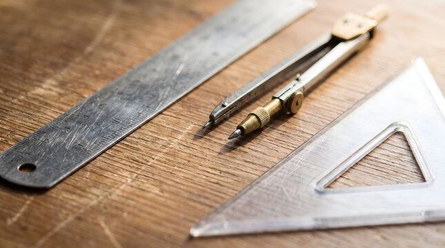 A set of precision drafting tools including a metal ruler, drafting compass, and set square resting on a textured wooden surface, suitable for design and technical work.
