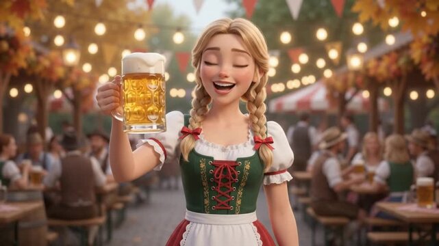 animation of Young Woman Holding Beer Mug in Festive Garden Setting