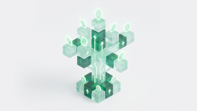3D isometric geometric tree made of glass cubes with glowing nodes for financial growth concept