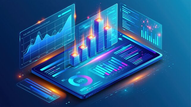 Digital Financial Charts and Graphs on a Tablet Screen During a Data Analysis Session with Futuristic Illumination