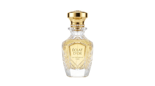 Luxury perfume bottle with gold cap, elegant crystal fragrance decanter, Eclat d'Or perfume for high-end beauty branding isolated PNG with Transparent Background