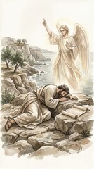 Fototapeta premium Biblical angel appearing to a man prophet kneeling on rock with scroll. Revelation vision of apocalypse. Spiritual encounter and divine prophecy. Religious art of celestial messenger.