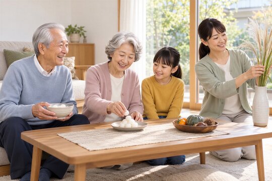 月見団子とすすきを用意してお月見の準備をする三世代家族
