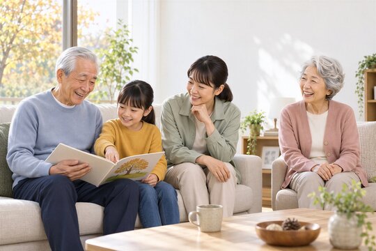 秋のリビングで絵本を一緒に楽しむ日本人三世代家族